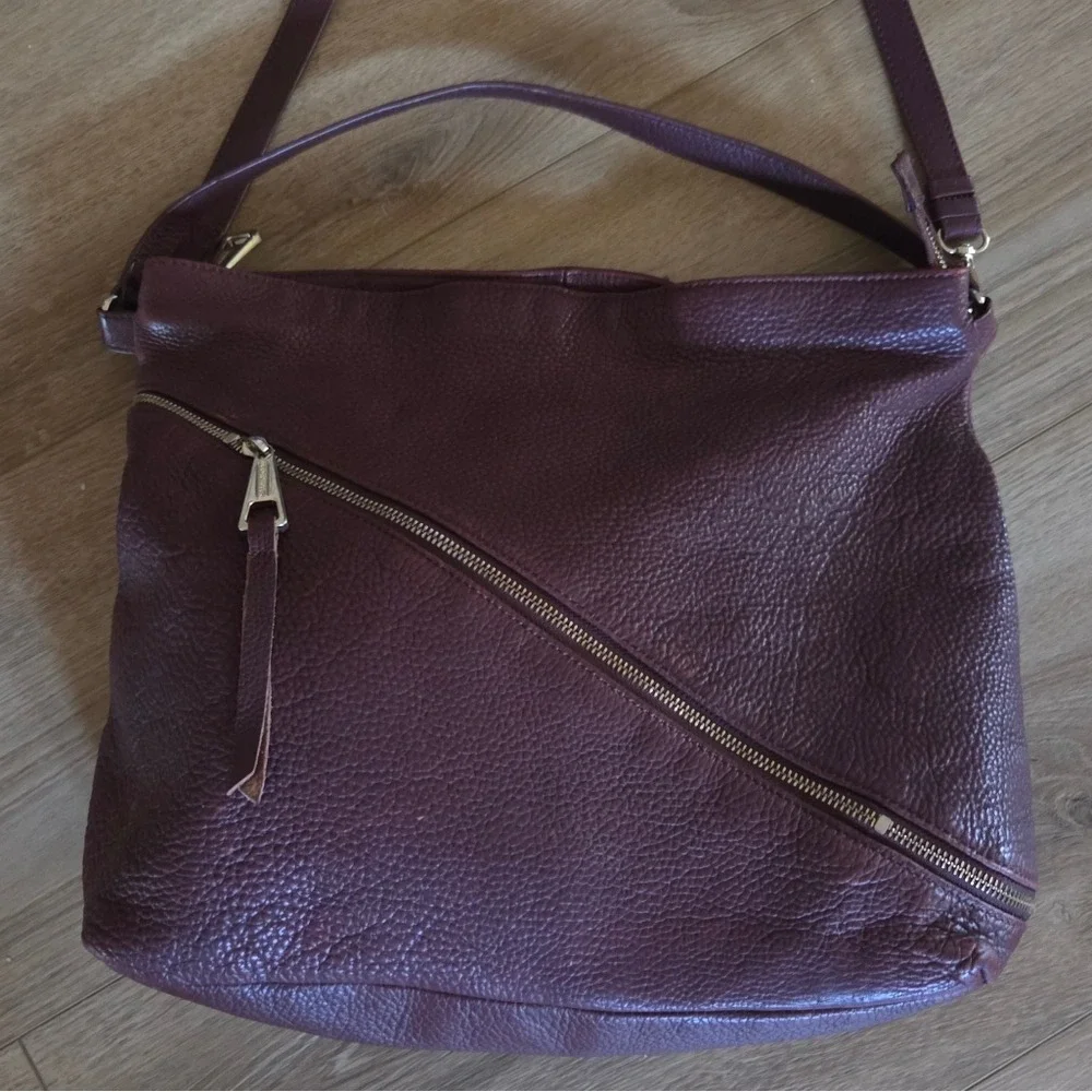 Kelsi Dagger Burgundy Pebbled Leather Crossbody Hobo Bag Silver Hardware Large